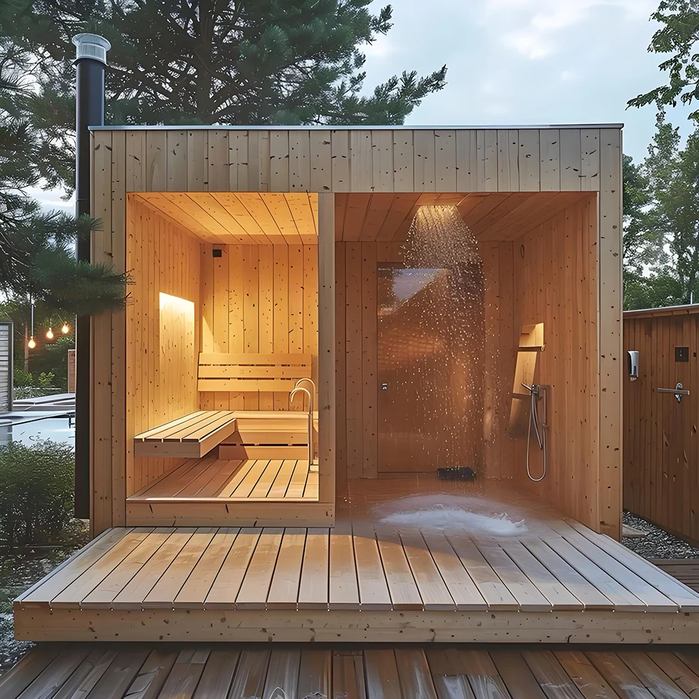 2024 New Design Hemlock Steam Wet Sauna Wooden Square Luxury Outside Sauna For 4 Persons