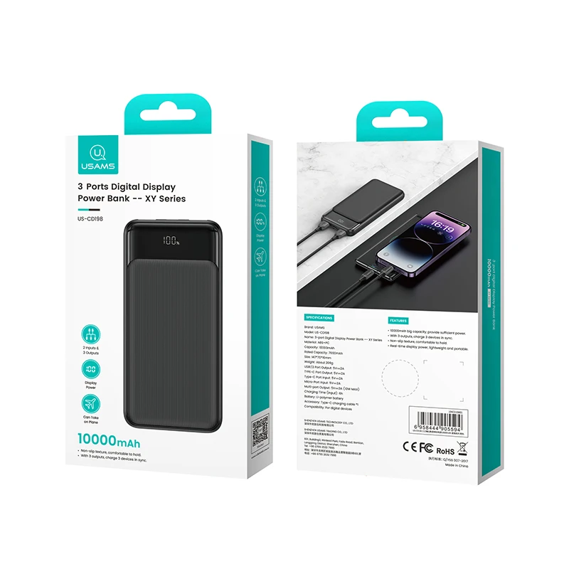 USAMS US-CD198 10000mAh Portable Power Bank for Mobile Phone Display Battery Charger 3 Ports Power Bank