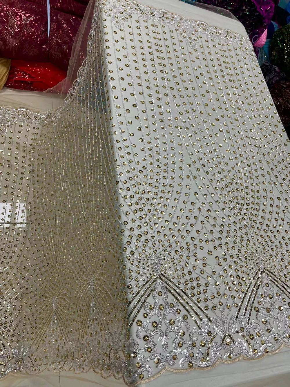 New Arrival Heavy Beaded Lace Fabric Tulle Bridal Luxury Fully Beaded Sequins Fabric For Women Luxury Party Dress