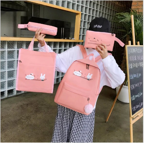 2021 New Hot Women Canvas Backpack 4 pcs Set Large Capacity School Bag for Teenagers Girls Fashion Travel Rucksack Bag
