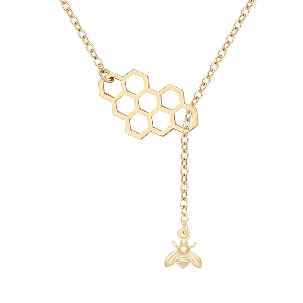 Geometric Bee Hive with Tiny Honey Bee Lariat Y Necklace
