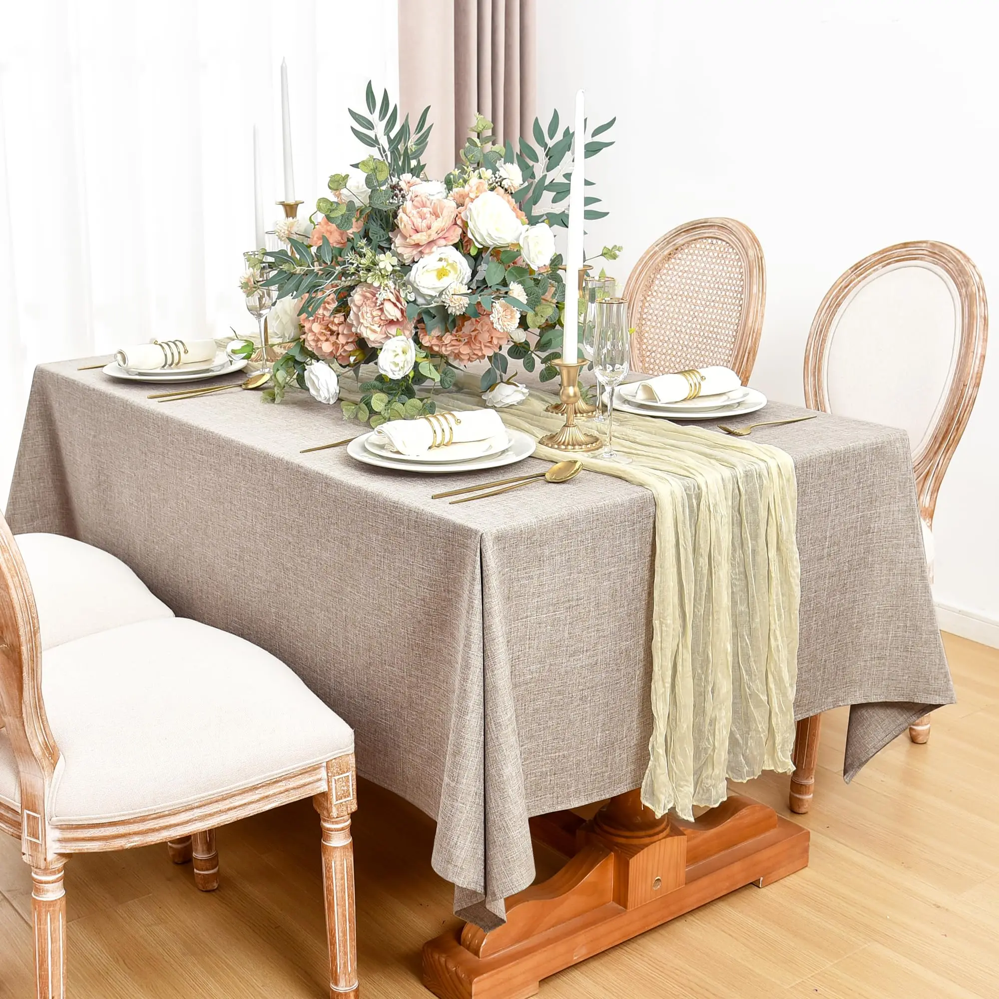 Hot Sale Easy to clean crease resistant linen texture beige round tablecloth for Banquet Party Outdoor