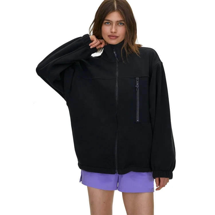 Hot Sale Women Heavy Fleece Winter Oversize Jacket Customized Zip Up Black Jacket