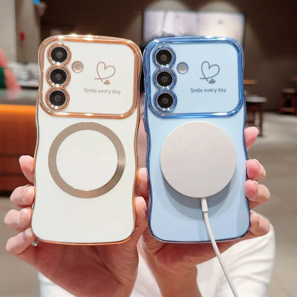 for Samsung S24 Plus Case Magnetic for Women Girls Cute Wave Frame Love Heart Luxury Plating Compatible Shockproof Back Cover