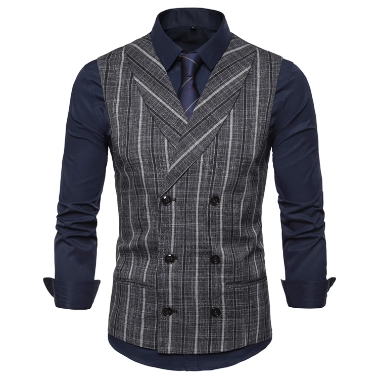 Smart Casual Striped Gilet Vest Formal Men Waistcoat Double Breasted Cotton
