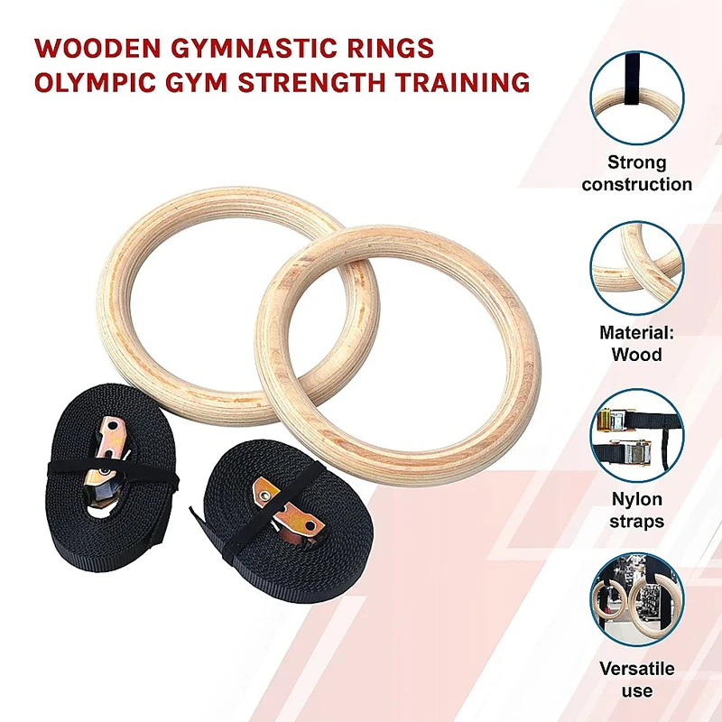 Customized Logo Workout Training HSH Sports Gym Ring Equipment Core Training Straps Wood Gymnastic Rings