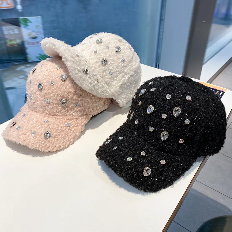 Шапки со стразами для женщин, теплая зимняя шапка для взрослых, оптовая продажа, модная шапка-бейсболка из искусственного меха