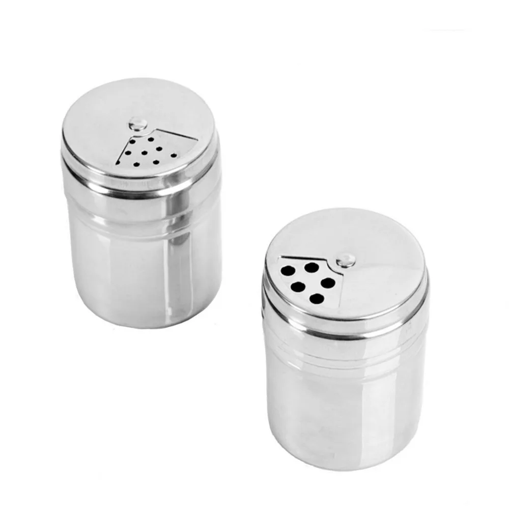 Stainless Steel Dredge Salt Sugar Spice Pepper Shaker Seasoning Cans with Rotating Cover 2 pack