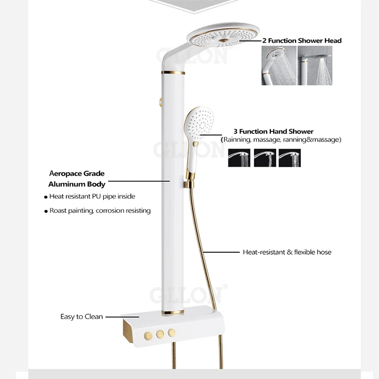 
Design Aerospace Grade Aluminium Multi Functions Massage Raining Shower Column Panel with Heat-resistant and flexible hose 