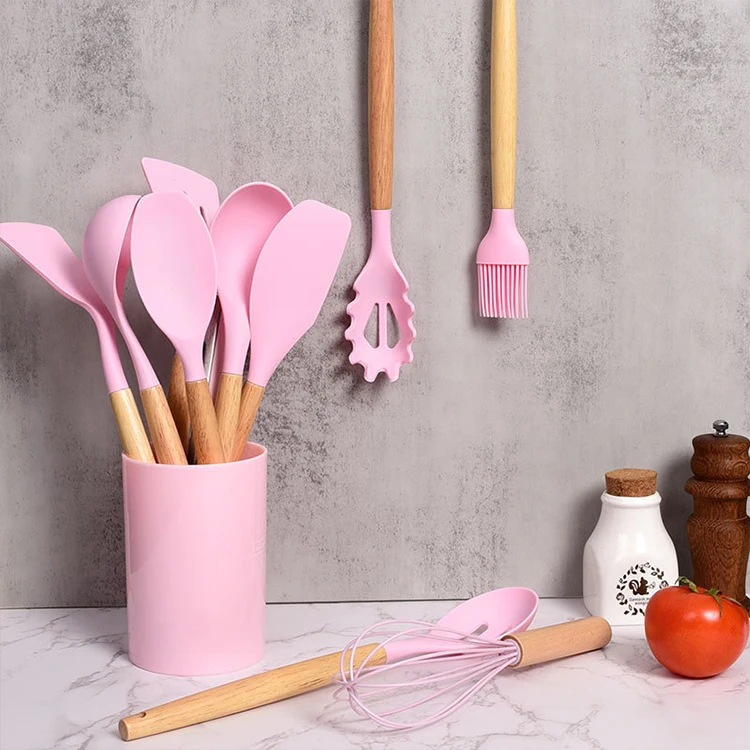 12pcs Wooden Handle Kitchen Cooking Set Non-stick Silicone Kitchen Utensil Set With Holder Box