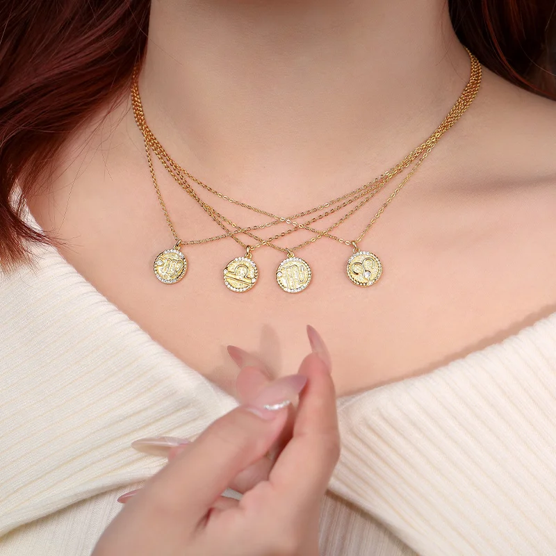 Trendy Fashion Jewelry 925 Sterling Silver Rhodium Plated Zircon Constellation Zodiac Coin Necklace for Women