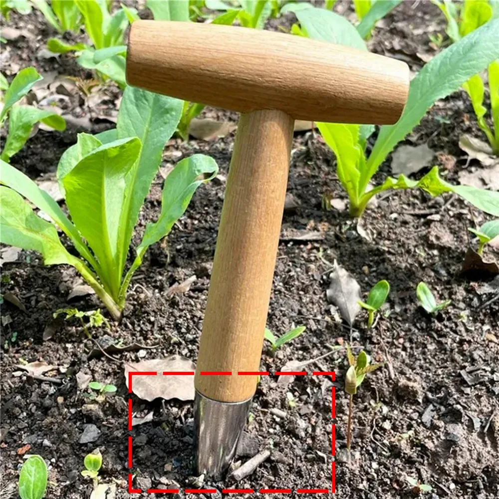Gardening Wooden Handle Spiked Stainless Steel Head Hole Puncher T-shaped Greenhouse Seed Transplanting Planting Tools