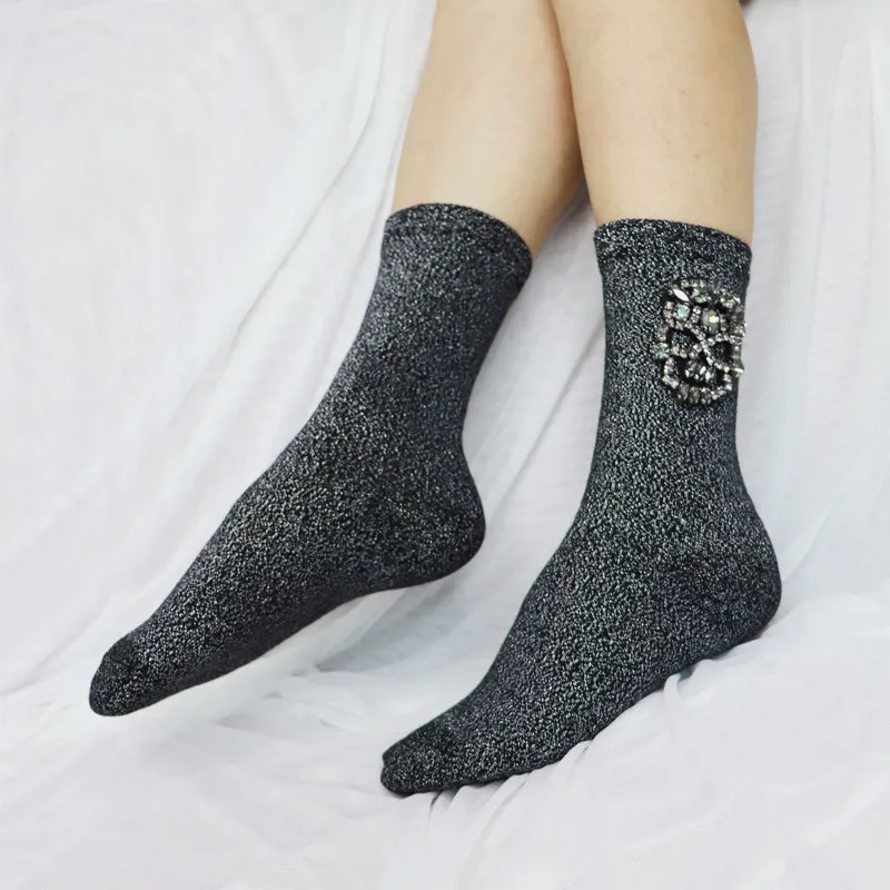 
Oem Black Skulls Diamond Silver Yarn Dark Gothic Sock For Girl 