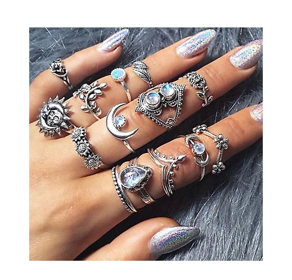 Water drop flower sunflower moon sun 14-piece ring hollow carved diamond ring set