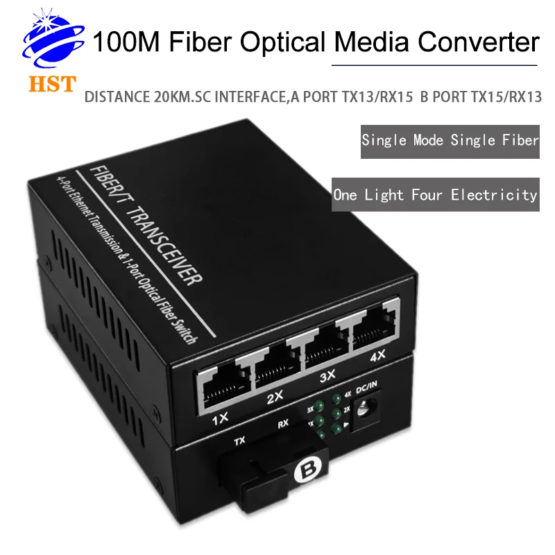 Promotion 100M Ethernet Fiber Media Converter HST-100M-20KM-A/B TX1310/RX1550nm 1 fiber 4RJ45  ports SC fibre Optic Equipment