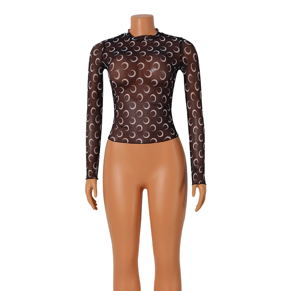 KX-OS6565  Latest arrival ruffled collar ladies crop tops long sleeve fashion print sexy mesh woman tops