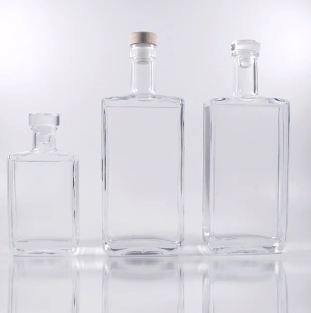 Hot sale empty rectangle 500ml gin spirit glass bottle custom decal 700ml 750ml whiskey liquor glass bottle with cork stopper