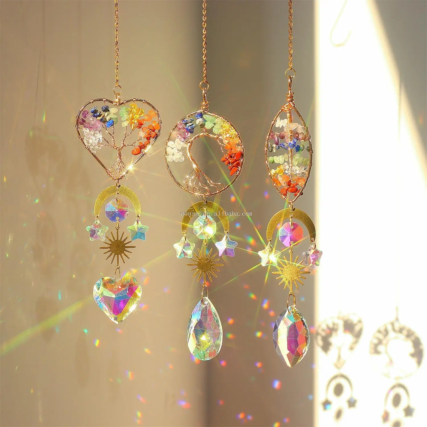 Golden Tree of Life Love Heart shaped Crystal Catcher Hanging Window Sun Prism Decoration Indoor Rainbow Maker