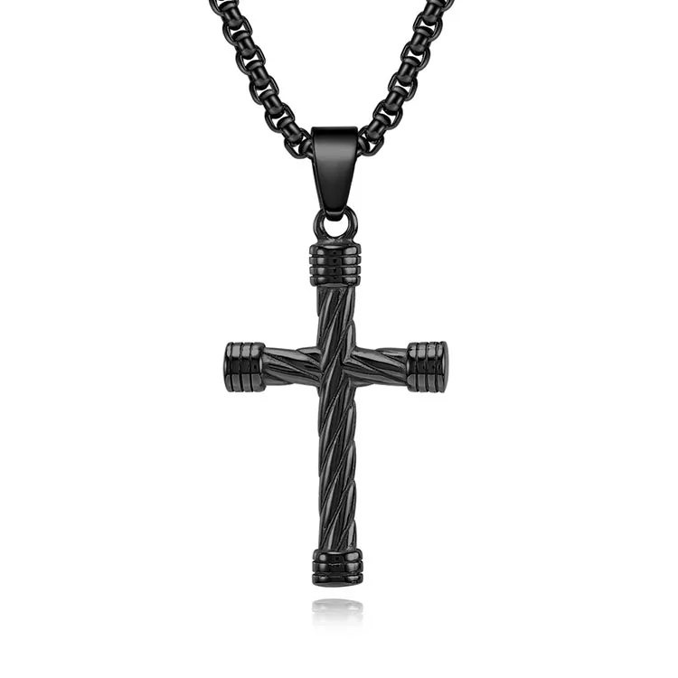 Custom Wholesale High Quality 18K Gold Plated Stainless Steel Fashion Jewelry Popular Cable Wire Cross Mens Pendant Necklace