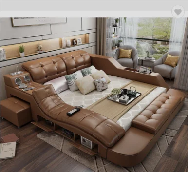 Modern leather Fabric Bed with Storage Box function Bedroom Furniture set multimedia speaker USB charger