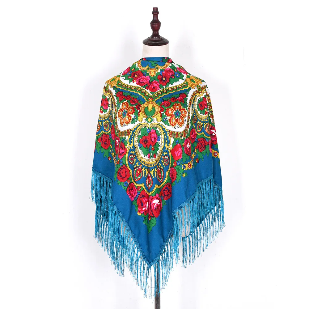 GEERDENG New Arrival Soft Polyester Muffler Square Bandana with Tassel Fringes Ethic Warm Wrap Shawl Stole Russian Flower Scarf