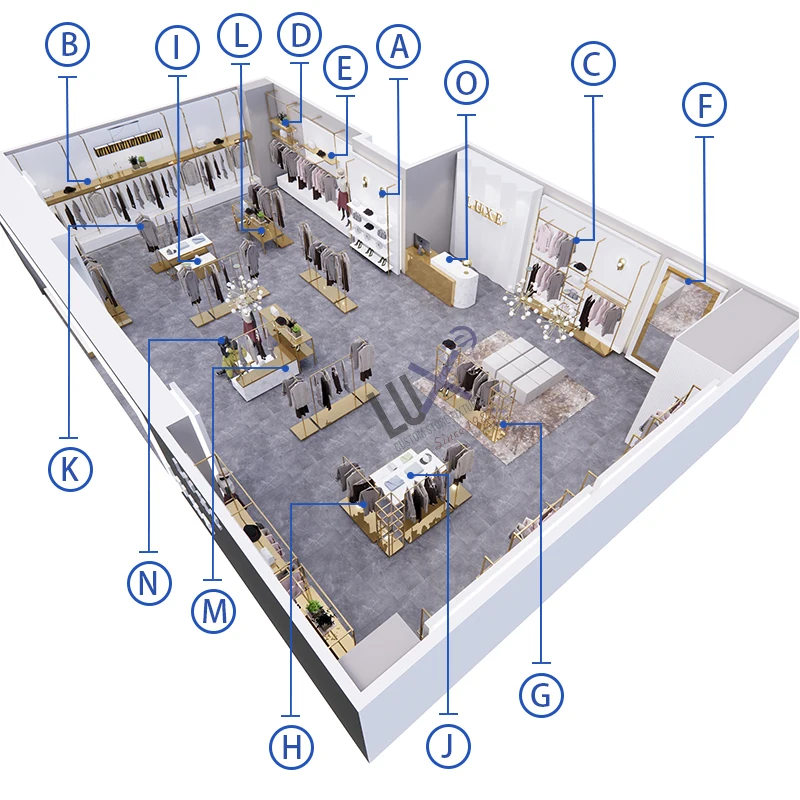 LUX Customized Factory Custom Ladies Clothes Store Fixtures With Golden Clothing racks for clothing store women