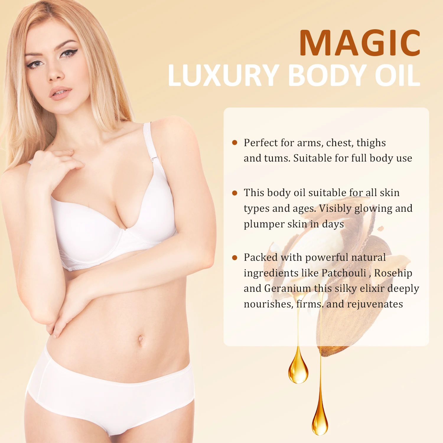 100% Natural Almond Skin Care Plump Visibly Effect Scar Removal Anti Wrinkle Firming Moisturizing Vegan Magic Luxury Body Oil