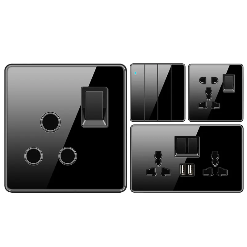 Home luxury wall charging power switch with usb wall outlet, speed switch electrical black glass lamp switch socket button