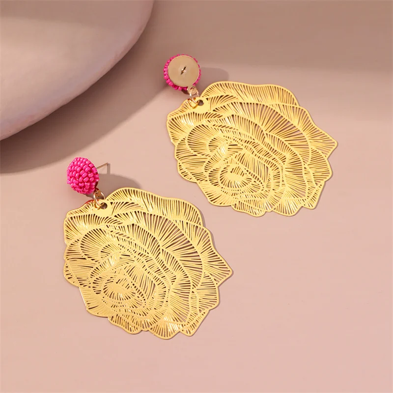 Fashion Carved Peony Flower 18K Gold Plated Big Dangle Earrings Personality Jewelry Statement Drop Earrings