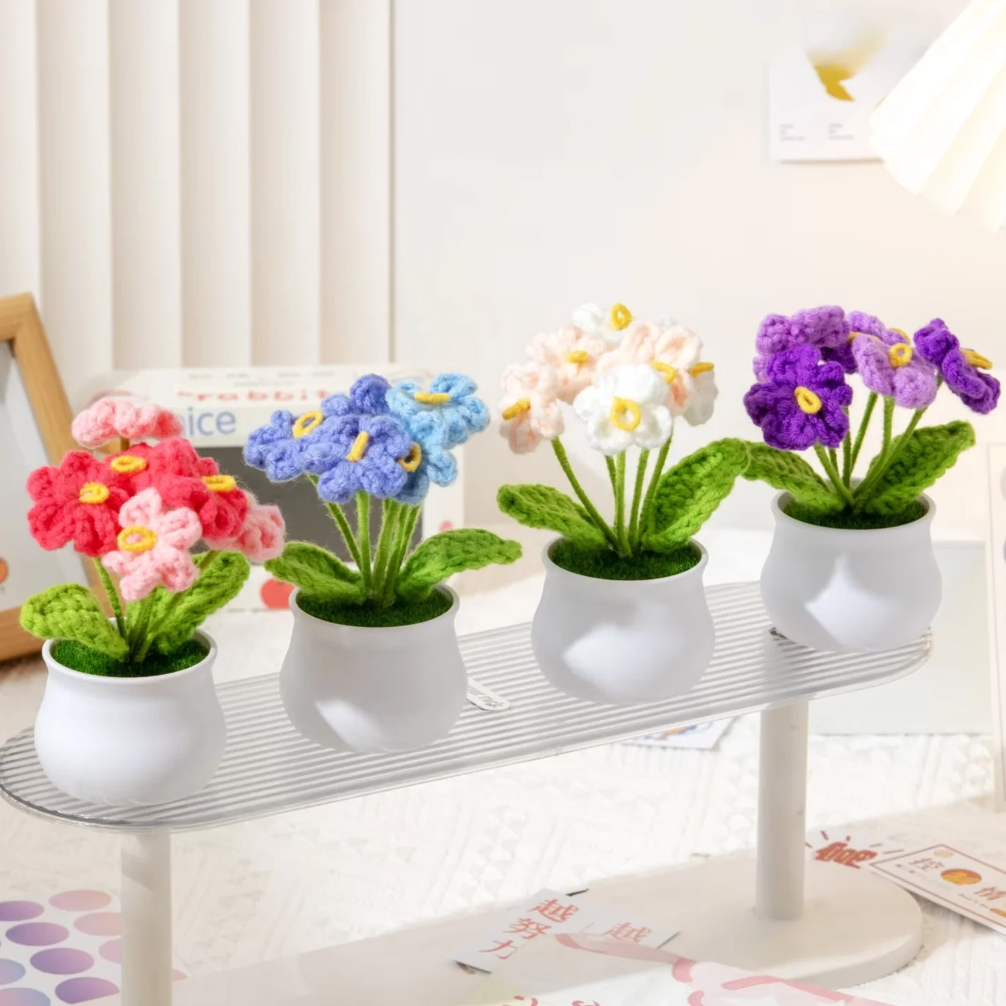 Creative Christmas Valentines Mothers Day Gifts Home Decor Potted Simulation Flower Hand Woven Artificial Crochet Flower