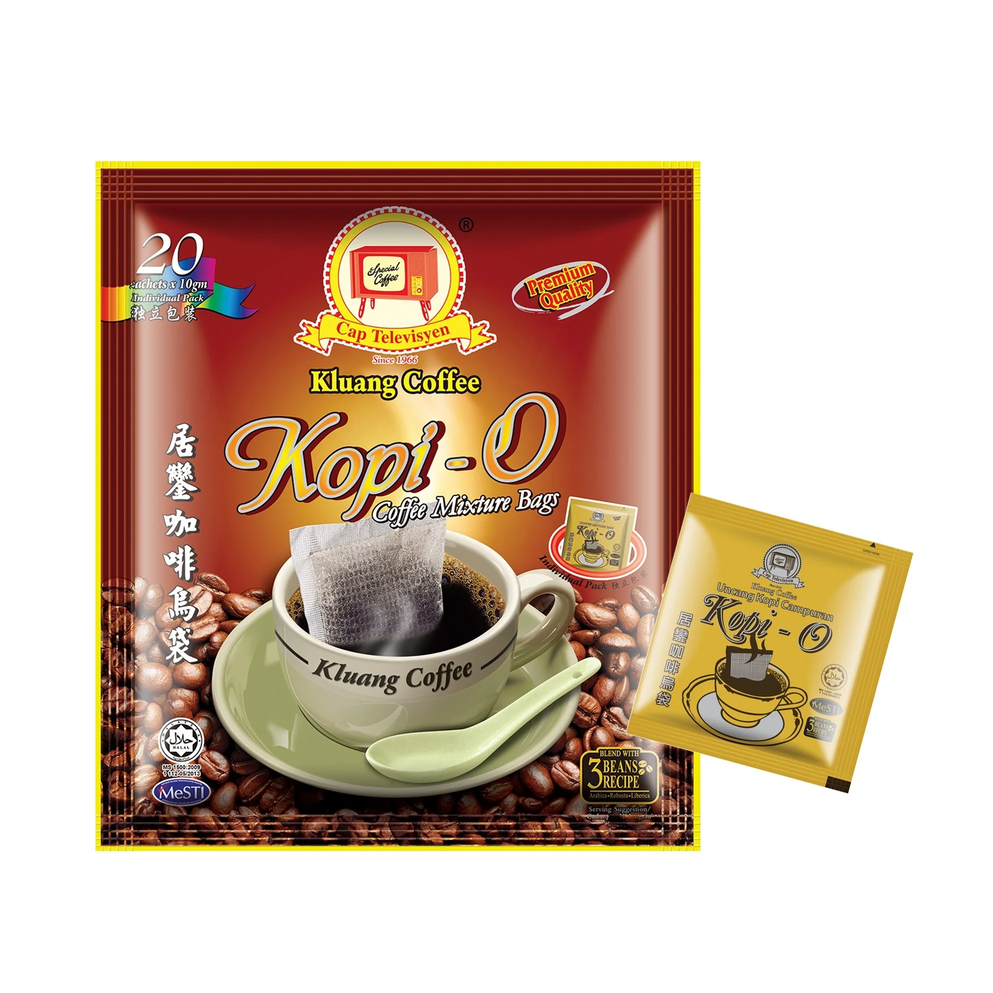 
 Пакеты для растворимого кофе Kluang Kopi-O, Малайзия, Халяль (20 пакетиков x 10 г в индивидуальной упаковке), брендовая сетка для продуктов 200 г  