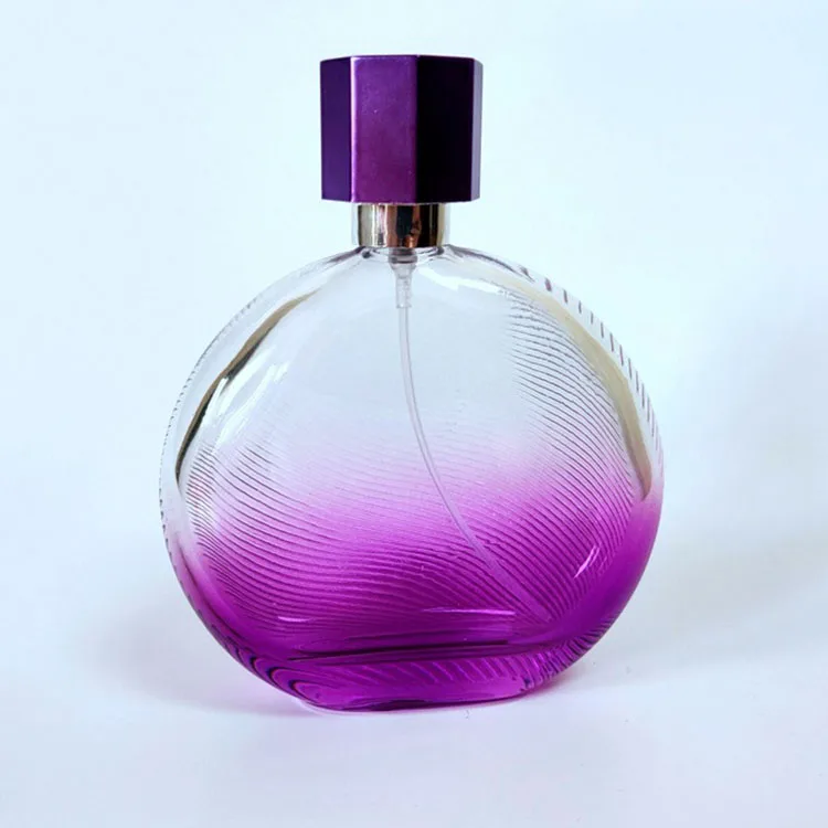 free sample  100 ml 100ml gradient purple color flat round empty glass perfume bottle with gold spray pump