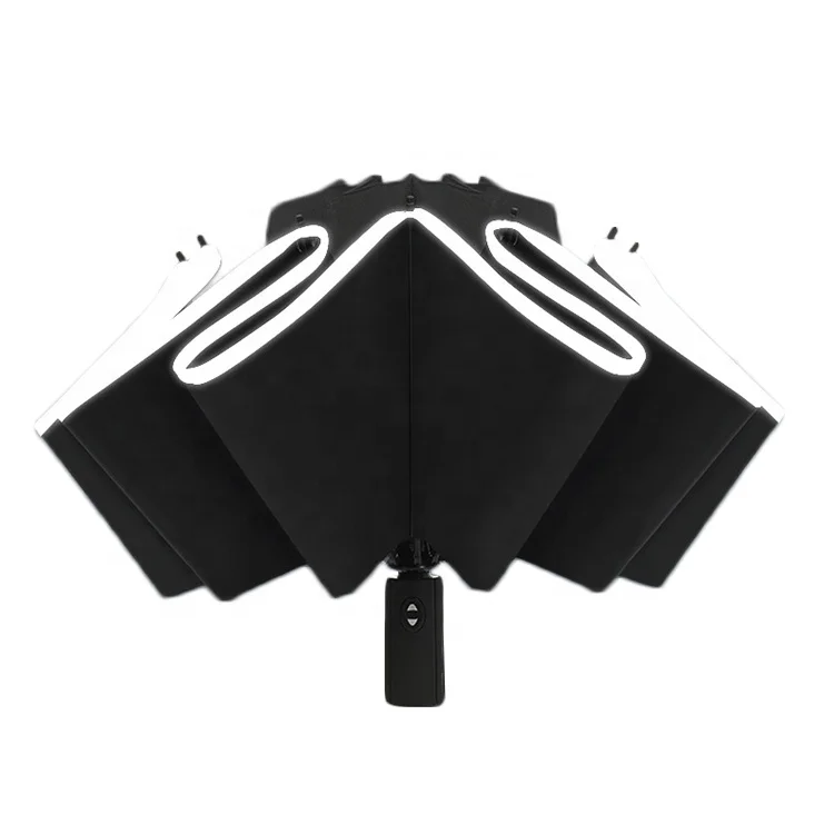 
Windproof reverse reflective stripe 10 ribs rain portable customize automatic 3 folding manufacturers umbrellas with logo prints 