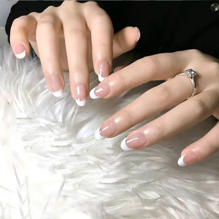 Newest Hot Sale Normal Size French Nail Pure White Tip Glossy Press On Fingernals for daily with glue sticker