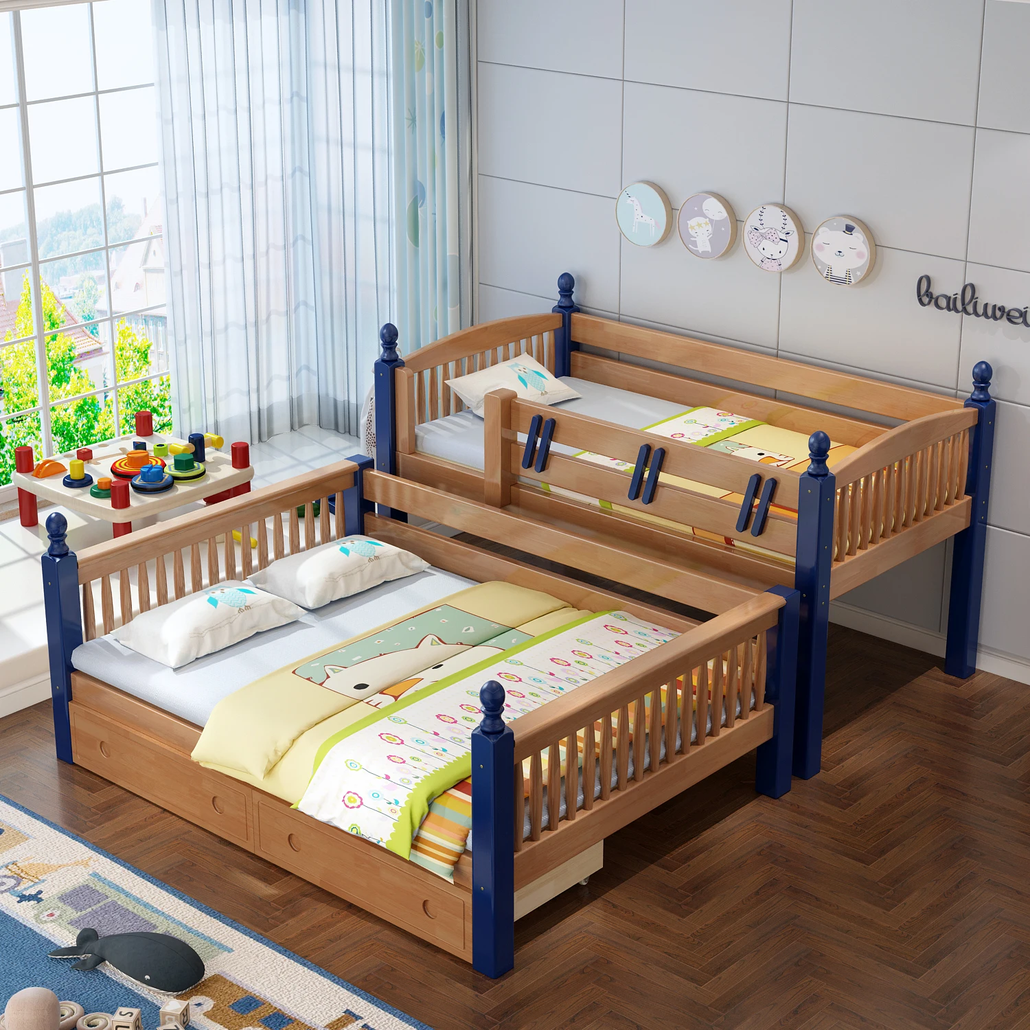
Colorful Latest Modern Design Wood Bed Furniture Children Double Bunk Beds Kids with Storage Drawer or slide 