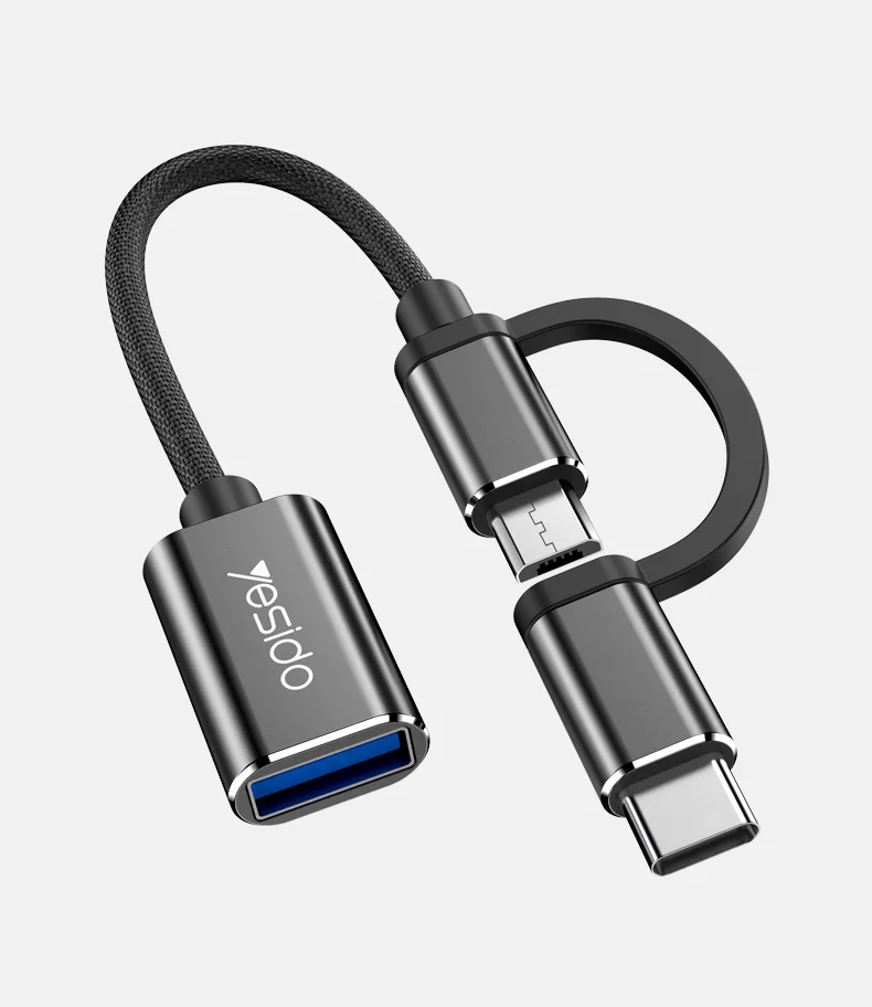 Yesido GS02 High Quality Cotton Braided Cable 2 in 1 Widely Compatible Anti-stretch 10CM OTG Adapter Type-C & Micro TO USB Port