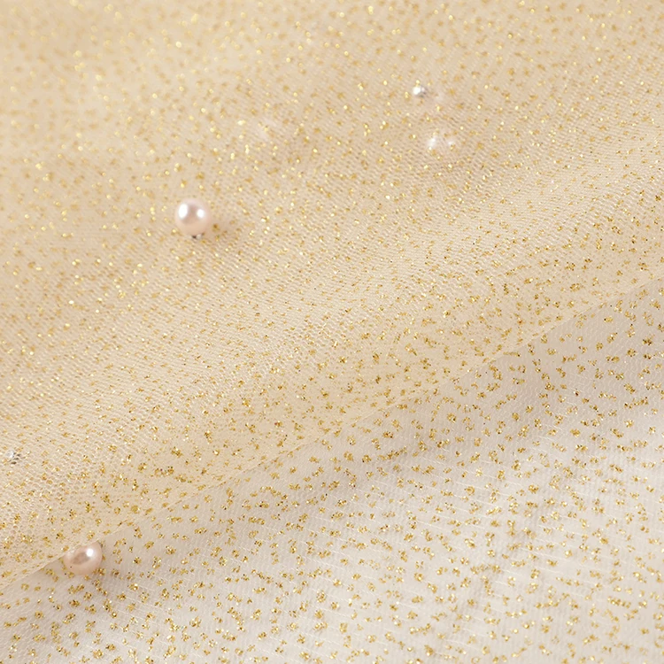 Quick delivery women dress decor beads mesh fabric popular gold decoration durable glitter nylon beaded tulle fabric