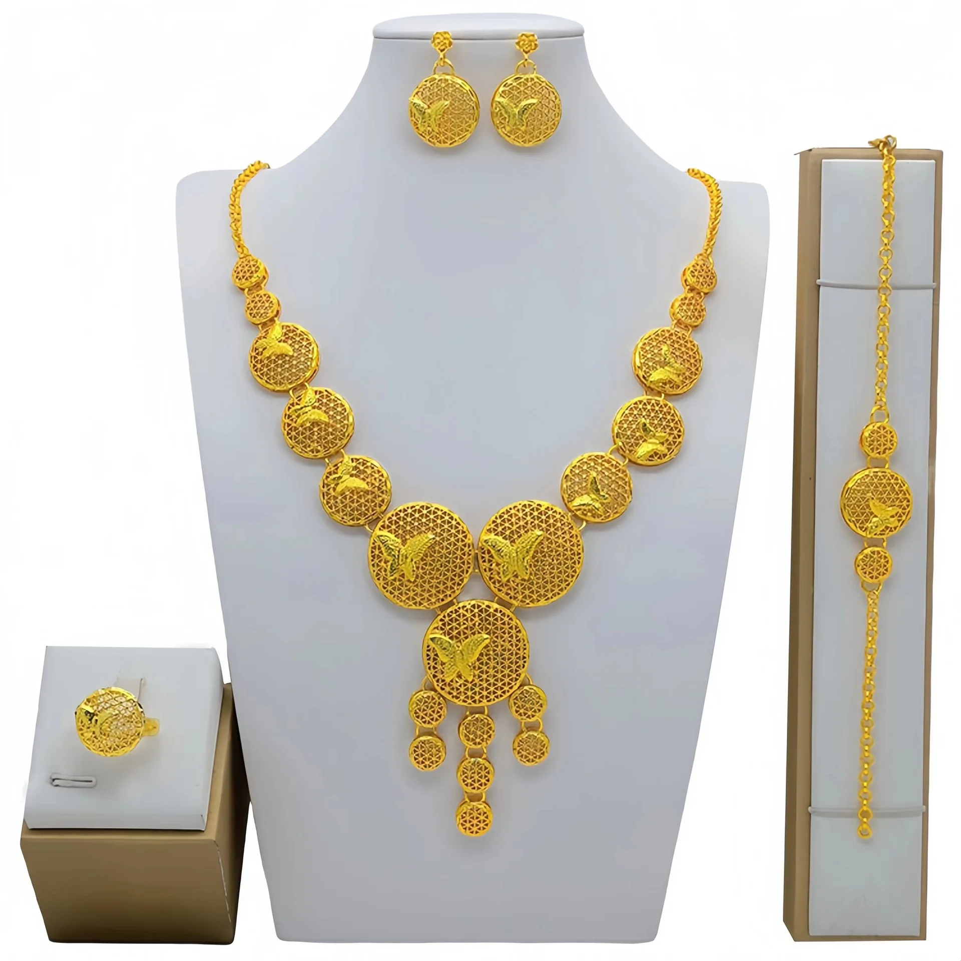 Ready To Ship African Nigeria Hollow Flower Necklace Bracelet Jewelry Set  Gold Plated Wedding Rings For Indian Bride