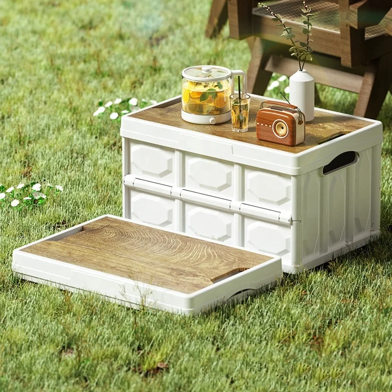Outdoor 30L 50L Car Luggage Foldable Grocery Storage Basket Folding Wooden Lid Camping Box