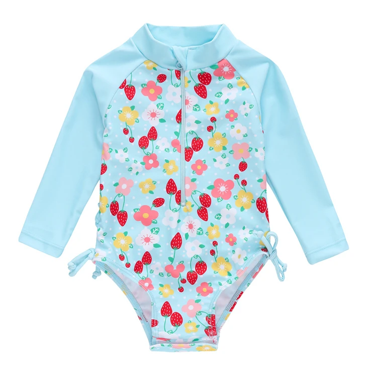 floral pink one-piece sunscreen zip sandy beach girls bodysuit long sleeve swimsuit kids