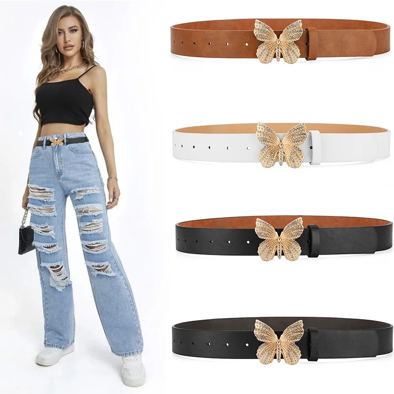 High Quality Butterfly Buckle Rhinestones  Belt Fashion Womens Synthetic Leather Belt Casual Jeans Belt
