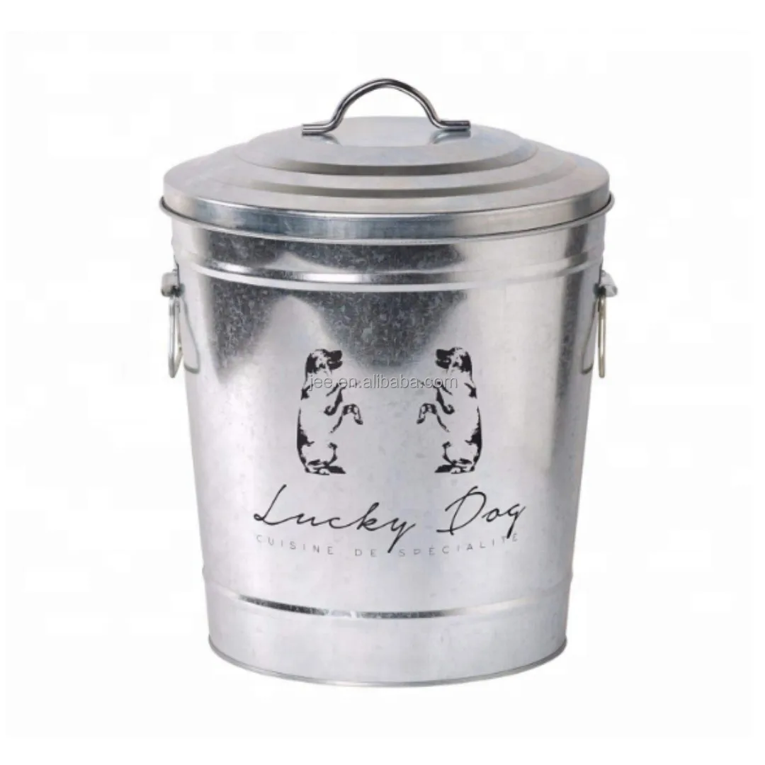 customized Galvanized Metal large capacity round Shape Pet Food Container Dog Food Storage box Pet Treat Jar With Lip