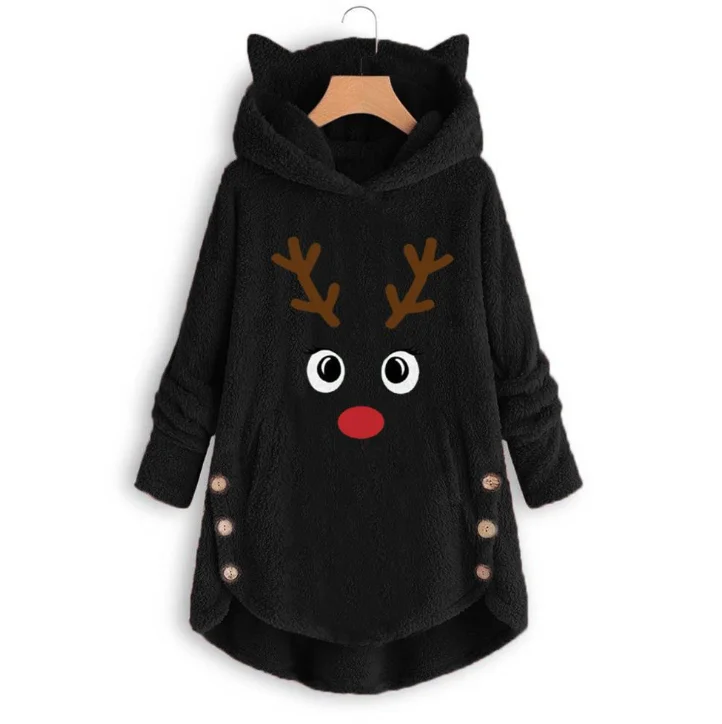 
Plus Size Tops Buttons Winter Home Casual Wear Christmas Deer Fleece Hoodies For women 