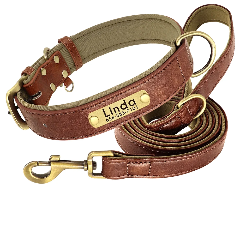 Customized Leather Dog Collar Leash Set Soft Padded For Small Medium Large Dogs With Free Engraved Nameplate