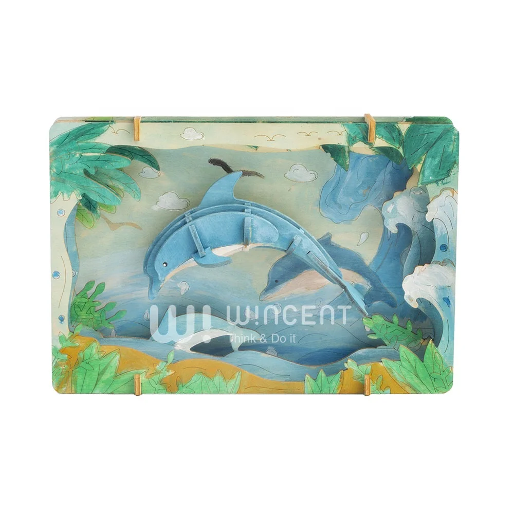 Wincent assembly Dolphin 3D Wooden Theater puzzle OEM/ODM diy custom wooden 3d animal puzzles toys