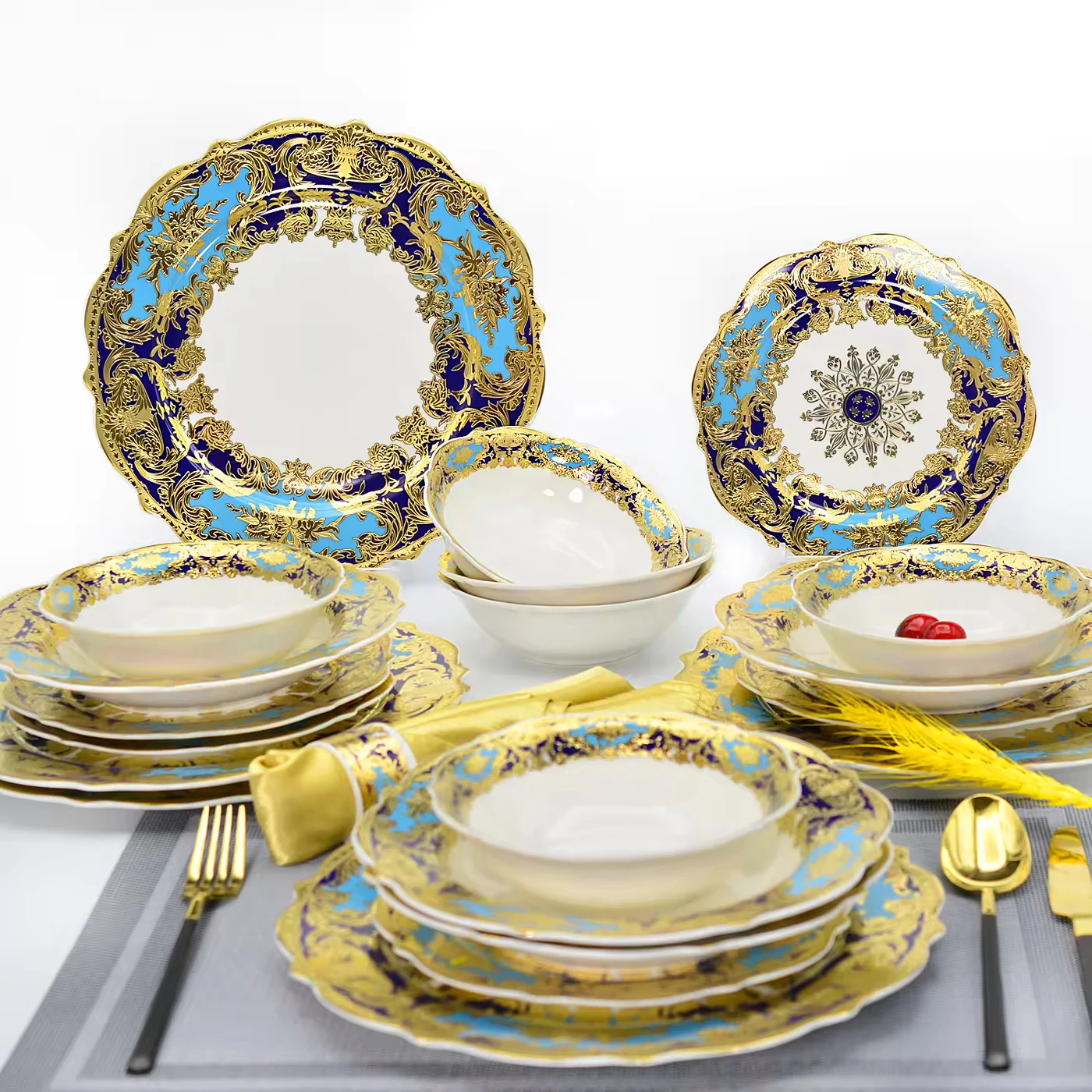 24pcs colorful festival golden bone china flower shape special top sale plates and bowls set dinnerware sets