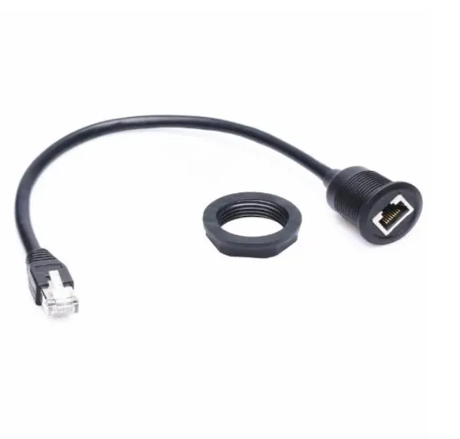 Shenzhen Manoson Black Waterproof Round Panel Mount CAT5E RJ45 Male To Female Ethernet Extension Network Cable