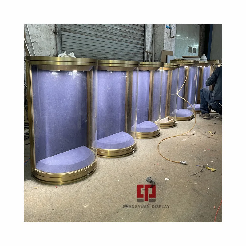 Custom Jewelry Showcases Wall Mounted Round Glass Jewelry Display Case Luxury Jewellery Shop Metal Jewelry Counter