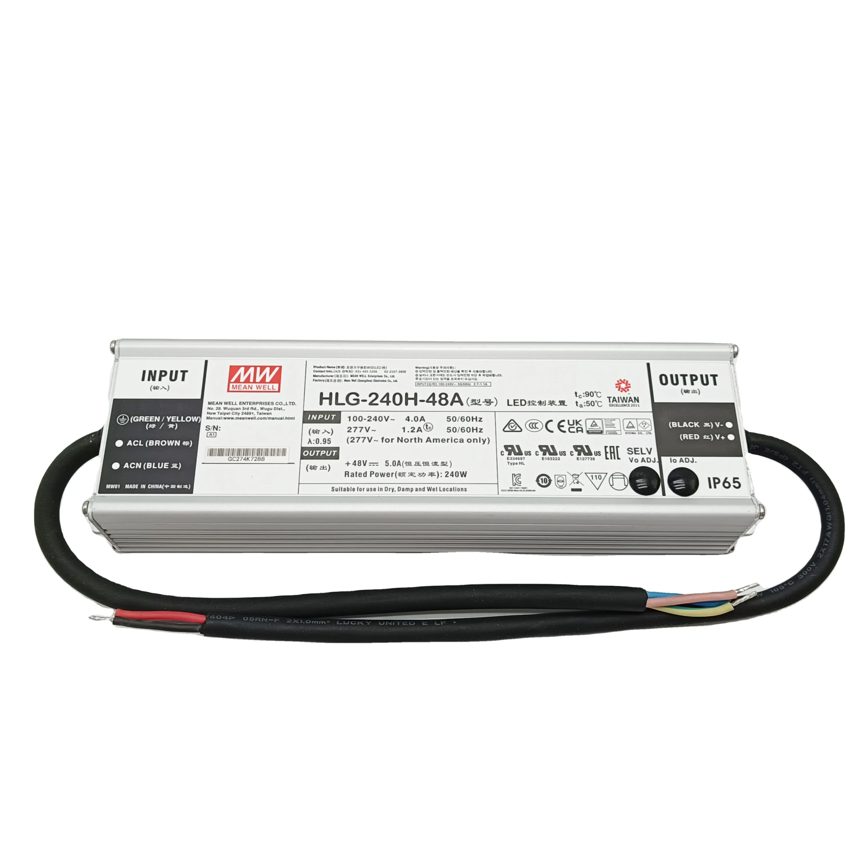 Meanwell LED Driver hlg-240h-48ab Mean Well IP65 5A 48V 240W Constant Voltage + Constant Current LED Driver