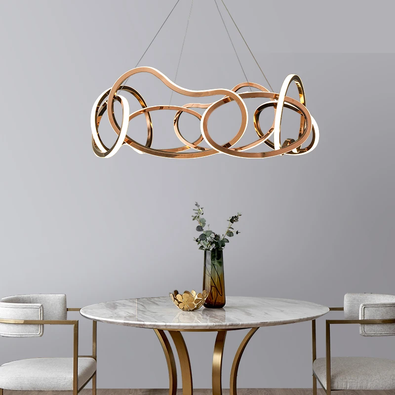 HITECDAD luxury stainless steel round chandelier irregular hollow circle chandelier simple personality inside and outside  light